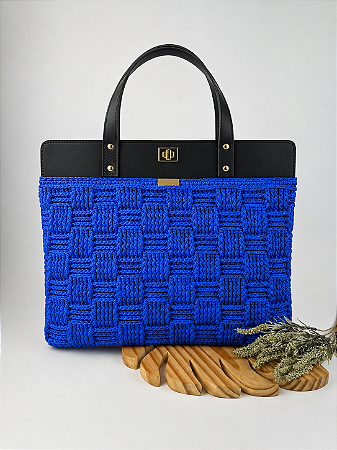 Kit Bolsa Work - Fio Néctar Nautico 4mm Azul Royal-Preto/Dourado (Déa Fios-Aula Inclusa)