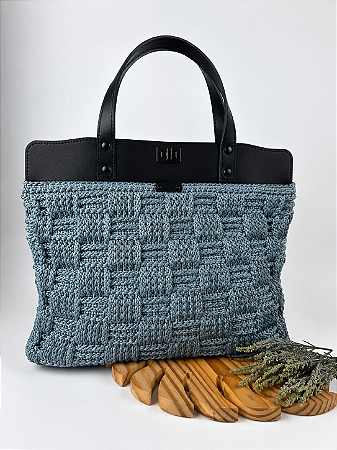 Kit Bolsa Work - Fio Néctar Nautico 4mm Cinza-Couro Preto/Ônix (Déa Fios-Aula Inclusa)