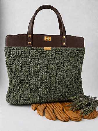 Kit Bolsa Work - Fio Néctar Nautico 4mm Verde Musgo-Couro Marrom/Dourado (Déa Fios-Aula Inclusa)