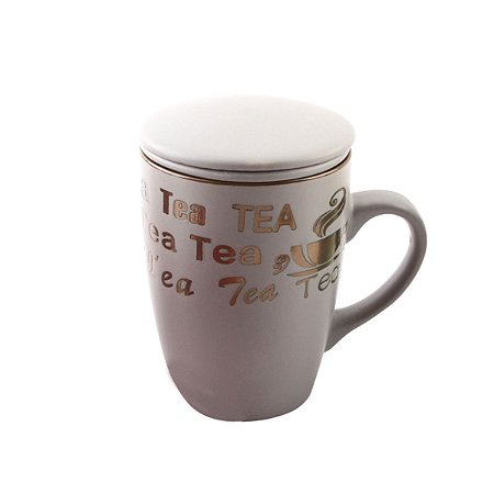 CANECA PORCELANA C/INFUSOR TAMPA VINTAGE LETTERS CINZA 350ML