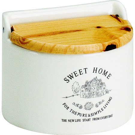 SALEIRO DE PAREDE DE PORCELANA COM TAMPA DE MADEIRA 620ML