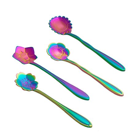 CJ 4 COLHERES AÇO INOX P/CHÁ FLORES RAINBOW