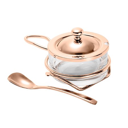QUEIJEIRA DE VIDRO C/TAMPA E COLHER DE AÇO ROSE 16X10X8cm