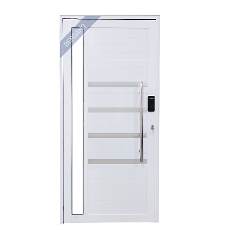 Porta Pivotante de Alumínio Branco Com Puxador, Friso e Visor com Fechadura Digital Linha 30