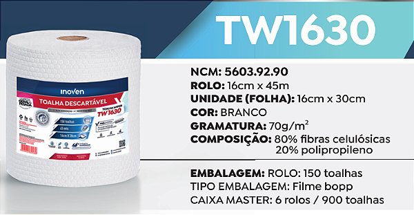 PANO MULTIUSO ROLO 16CM X 30CM C/150 (WIPER TW1630) BRANCO - INOVEN