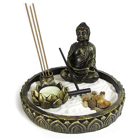 Jardim Zen Feng Shui Buda com Flor de Lotus 19cm - Incensario e Porta Vela