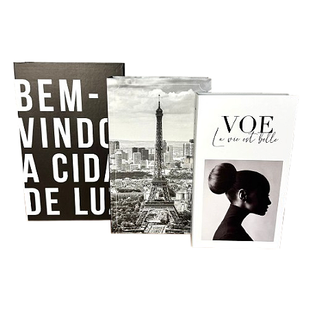 Kit com 3 caixas livro, modelo 'Travel'