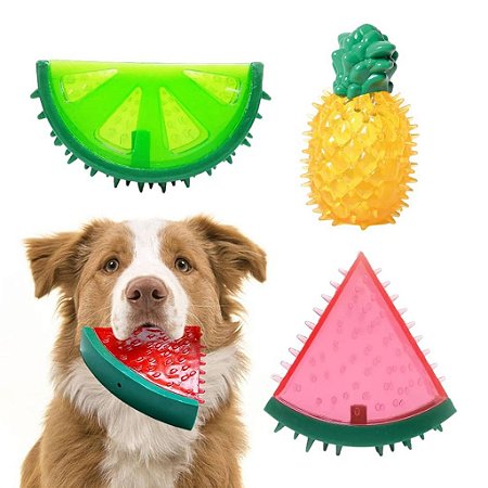 3 Brinquedos Mordedor Para Cães Fruta Cristalizada Com Apito Interno Resistente para Cachorro