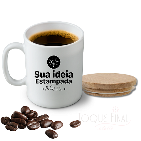 Caneca porcelana personalizada + tampa de bambu