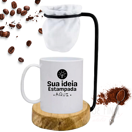 Caneca porcelana personalizada + mini coador de madeira