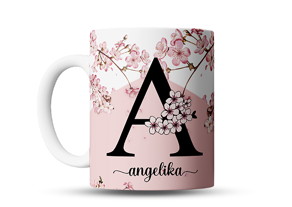 Caneca personalizada Floral com Inicial e Nome Cerejeira