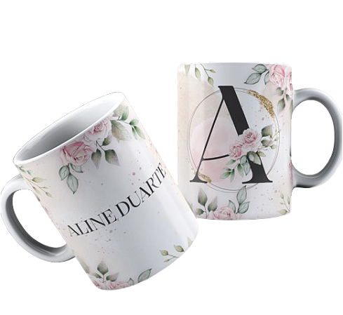 Caneca personalizada Floral Rosa com Inicial e Nome
