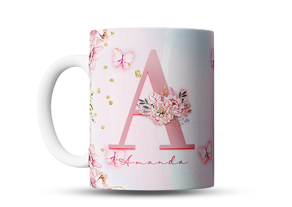 Caneca personalizada Inicial e nome flores e borboletas Rosa