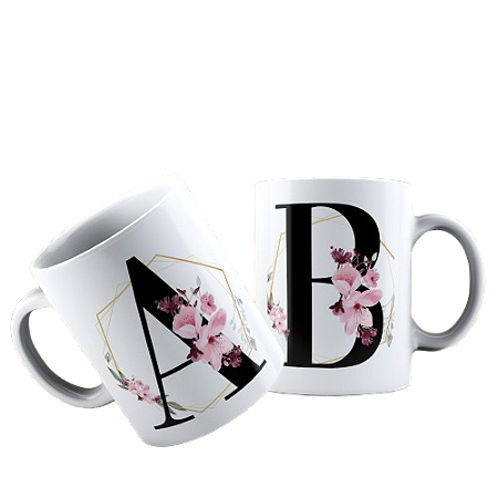 Caneca personalizada Inicial e nome preto e dourado floral