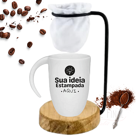 Caneca personalizada com alça meia lua (fall) e mini coador de café