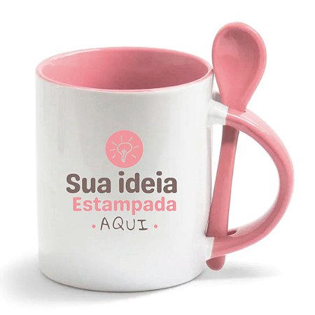 Caneca de café em porcela colorida com colher personalizada 325ml