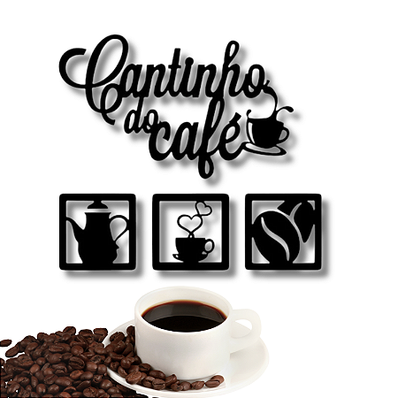 Kit Cantinho Do Café Quadrinho e aplique Decoração 4 Peças Mdf Preto
