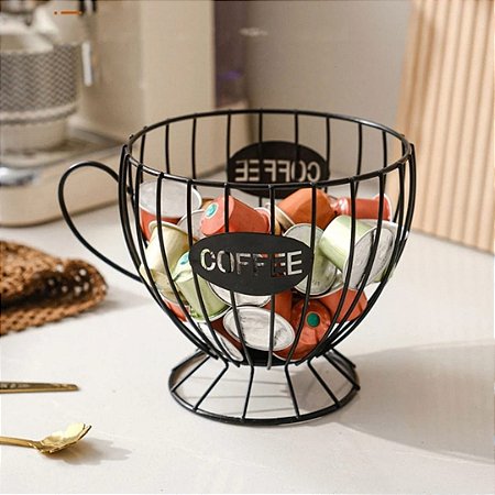Porta capsula de café em metal preto decorativo em formato de Xícara ou Bule