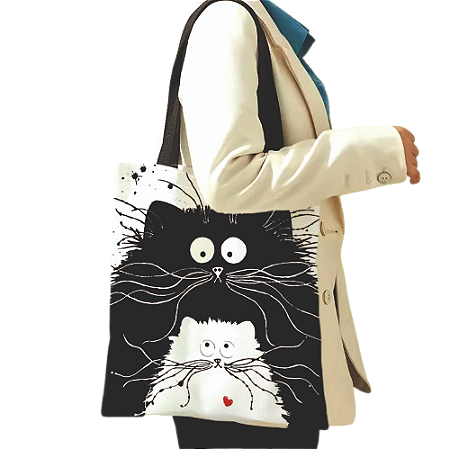 Bolsa Feminina, Tote bag, Eco Bag,  Preta E Branca, com Estampa Fofa De Gato, de Alta Capacidade, ideal para Compras, Escritório E uso Casual, Reutilizável