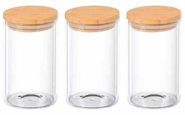Kit 3 potes de vidro com tampa de bambu hermética 110ml
