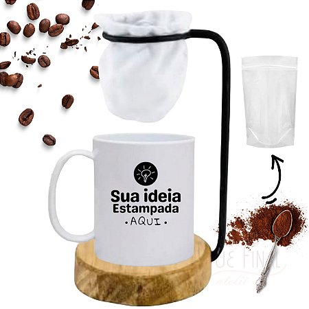 Caneca porcelana personalizada + mini coador de madeira e sachê de café