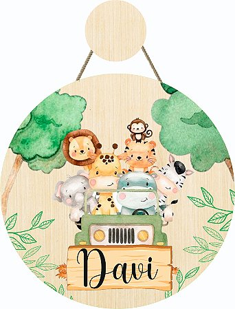 Enfeite de Porta Safari Infantil Personalizado, MDF, 20x20 cm, Animais da Floresta, Bege e Verde