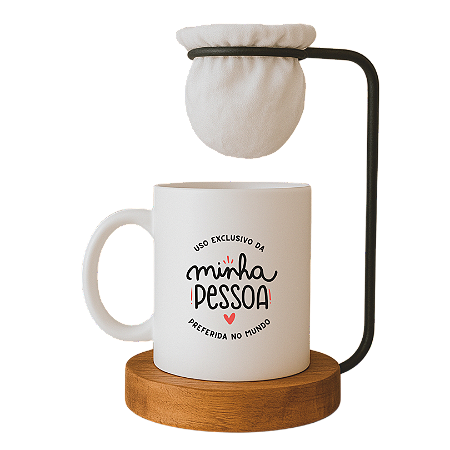 Kit Dia dos Namorados, Caneca 'Uso exclusivo da minha pessoa favorita no Mundo' com Mini Coador de Café, Base em Madeira