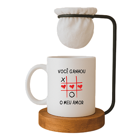 Kit Dia dos Namorados, Caneca 'Você ganhou o meu Amor' com Mini Coador de Café, Base em Madeira