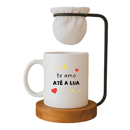 Kit Dia dos Namorados, Caneca 'Te amo até a Lua' com Mini Coador de Café, Base em Madeira