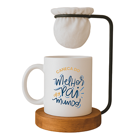 Kit Caneca do Melhor Pai do Mundo, com Coador e Base de Madeira