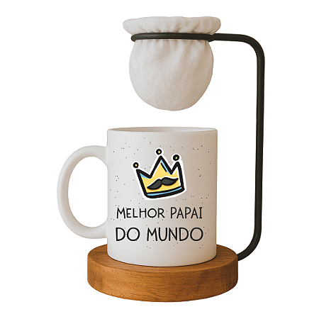 Kit Caneca Porcelana 'Melhor Papai do Mundo', 325ml, com Coador de Café e Base de Madeira