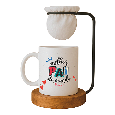 Kit Caneca O melhor Pai do Mundo 'Te Amo', com Coador e Base de Madeira