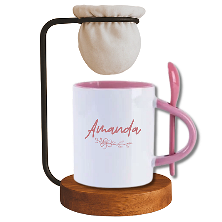 Kit Caneca com colher Personalizada com Nome e mini coador de café de madeira