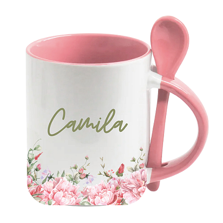 Caneca Personalizada com Colher e Nome – Estampa Floral