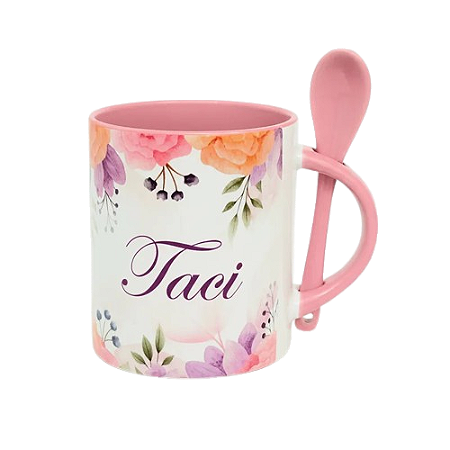 Caneca Rosa Personalizada com Colher e Nome com Estampa Floral