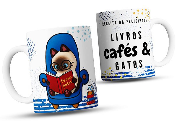 Caneca Receita Da Felicidade - Livros, Cafés E Gatos 325 ml