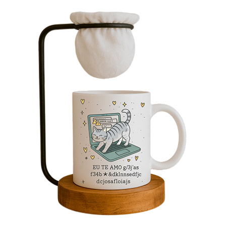 Caneca com Estampa de Gato e Notebook com Frase Eu Te Amo, Branca, com Coador de Café de Madeira e Base de Madeira