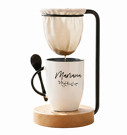 Kit Caneca com colher Personalizada com Nome e mini coador de café de madeira alça e interior preta