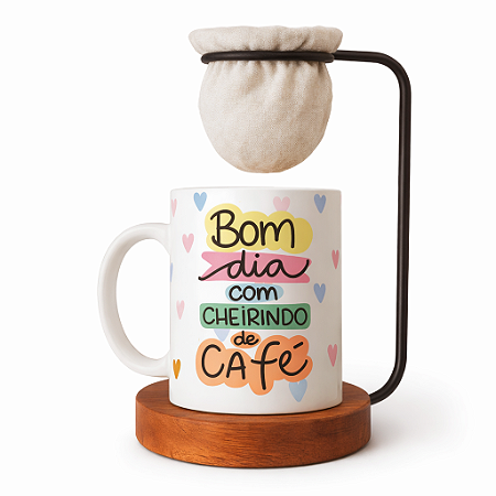 Kit Café Especial – Caneca Bom Dia + Coador Individual de Madeira | Presente Perfeito para Quem Ama Café