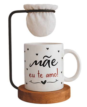 Caneca com Suporte Porta Filtro Café + Mensagem “Mãe Eu Te Amo” – Presente Criativo Dia das Mães, Caneca Decorativa com Suporte, Ideal para Café e Chá