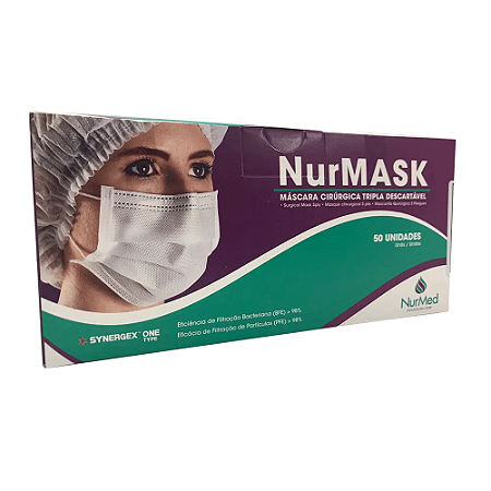 Máscara Cirúrgica Tripla Descartável com Elástico e Clip Nasal (cx 50 un)  NurMASK - NurMed