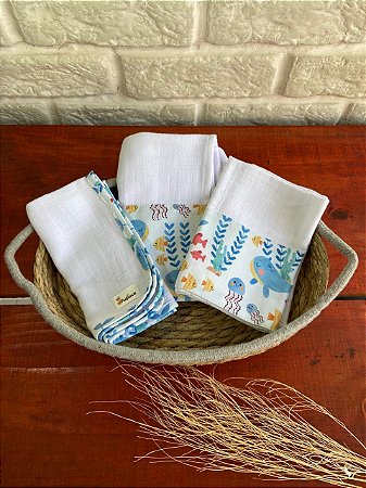 Kit 3 Fraldinhas de Boca Premium - Fundo do Mar