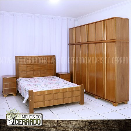 Guarda Roupas de Madeira 06 Portas Duplex Puxador Reto com Cama Casal de madeira 15 Quadros e Criado mudo Liso