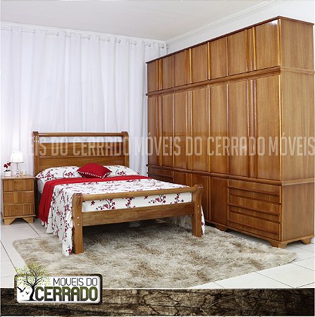 Guarda Roupas de Madeira 3 metros triplex 07 Portas Puxador Reto com Cama casal de madeira Star e Criado mudo Xadrez Filete