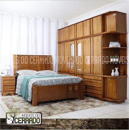 Guarda Roupas de Madeira 3 metros triplex 06 Portas + Canto Puxador Reto Espelho Externo Central com Cama casal de madeira 3 Listras e Criado mudo Liso