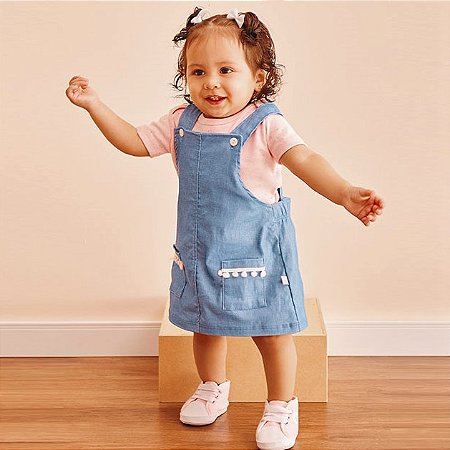 Vestido Bebê Menina Jeans Salopete com Body Blusa - P, M, G - 1, 2, 3 -  Bebêloquê roupa infantil