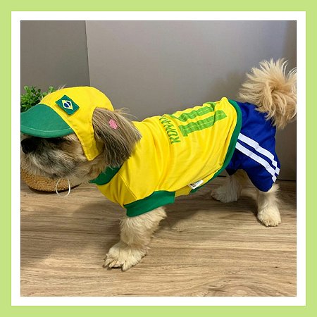 Macacão Uniforme de Jogador de Futebol | Brasil | Estampa personalizada com o nome do pet