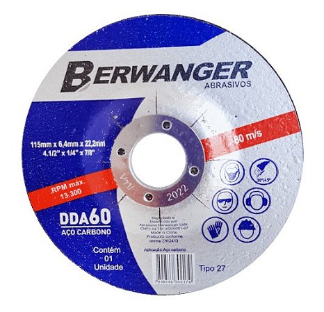 Disco de Desbaste 9 Pol. Dda 60 230x6.4mm X 7/8 Pol. - 3991 - Berwanger
