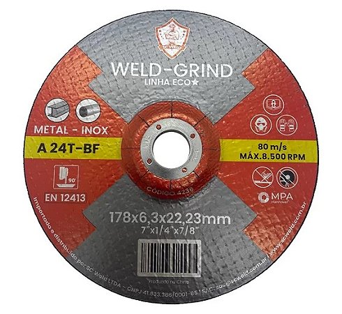 Disco de Desbaste 7 Pol. X 1/4 (6,3mm) X 7/8 Pol. Weld-grind - Unidade - Sc Weld