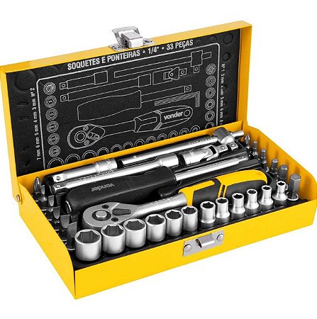 Jogo de Soquetes e Ponteiras com Encaixe de 1/4 Pol. 4mm a 13mm com 33 Peças - 3029014033 - Vonder